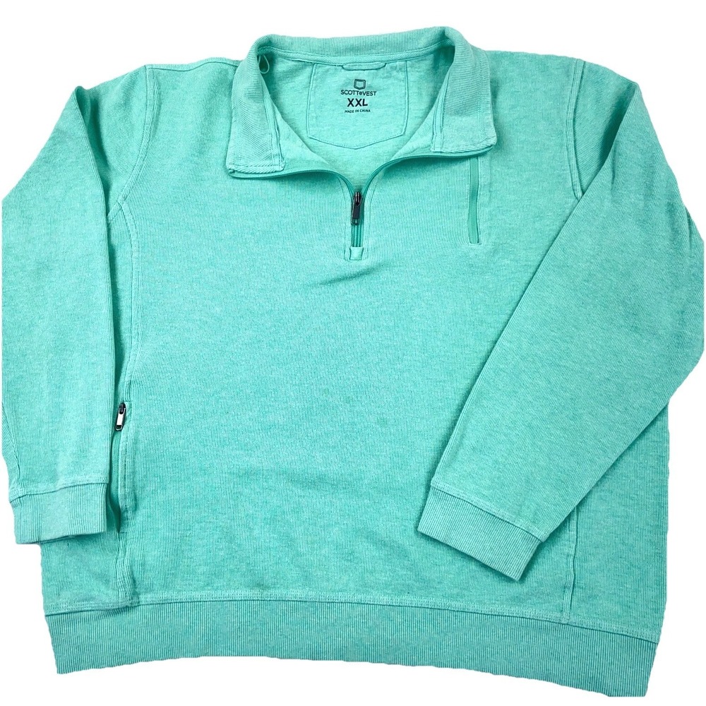 SCOTTeVest Sweater Men XXL 2XL Teal Blue Pullover Quarter Zip Mock Golf STAINS